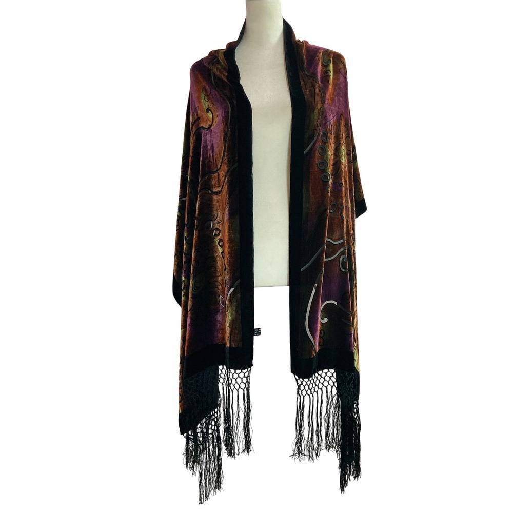 Velvet Burnout Artsy Wrap Fringe Silk Abstract Bohemian Jewel Tone